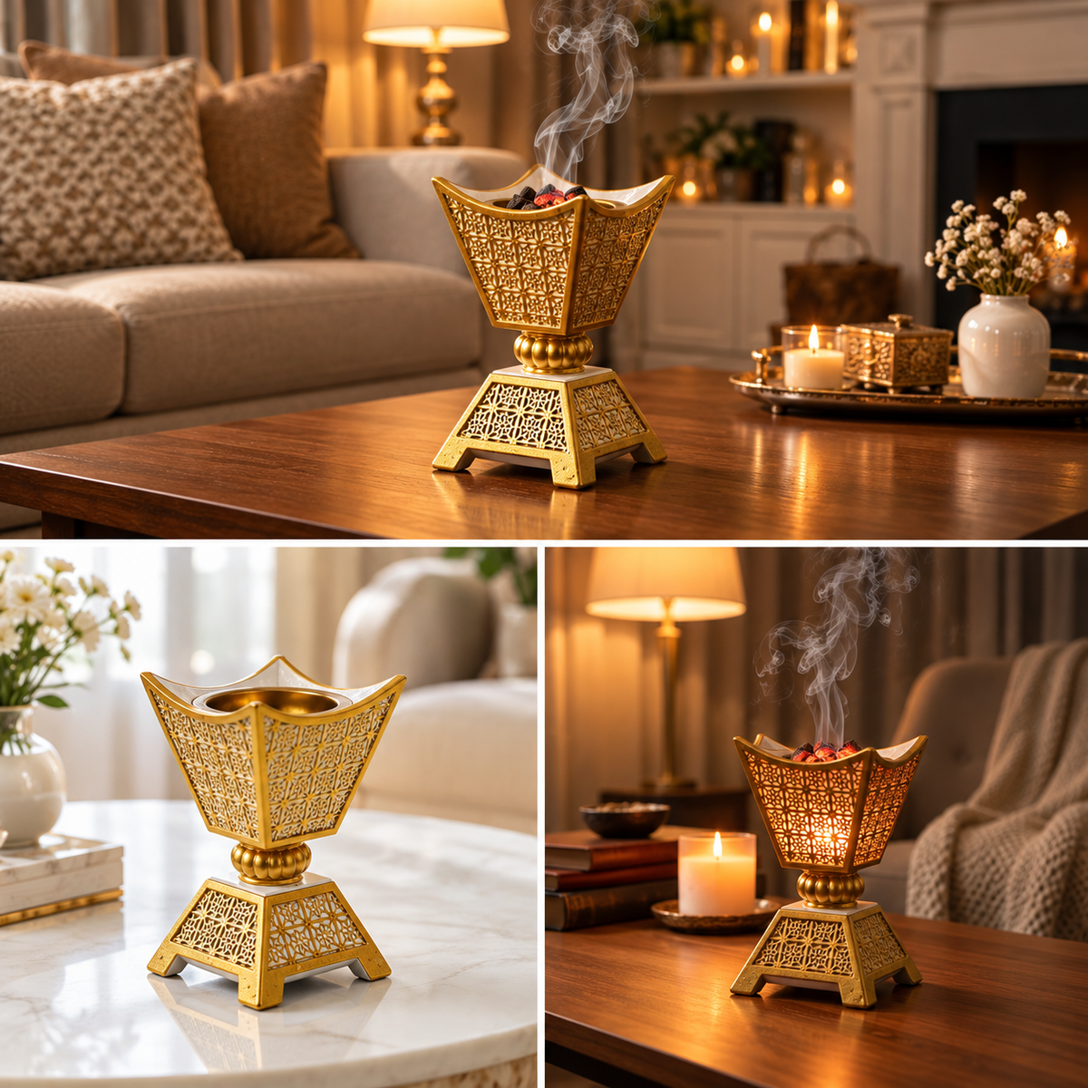 Gold Decorative Incense Burner with Cutwork Design