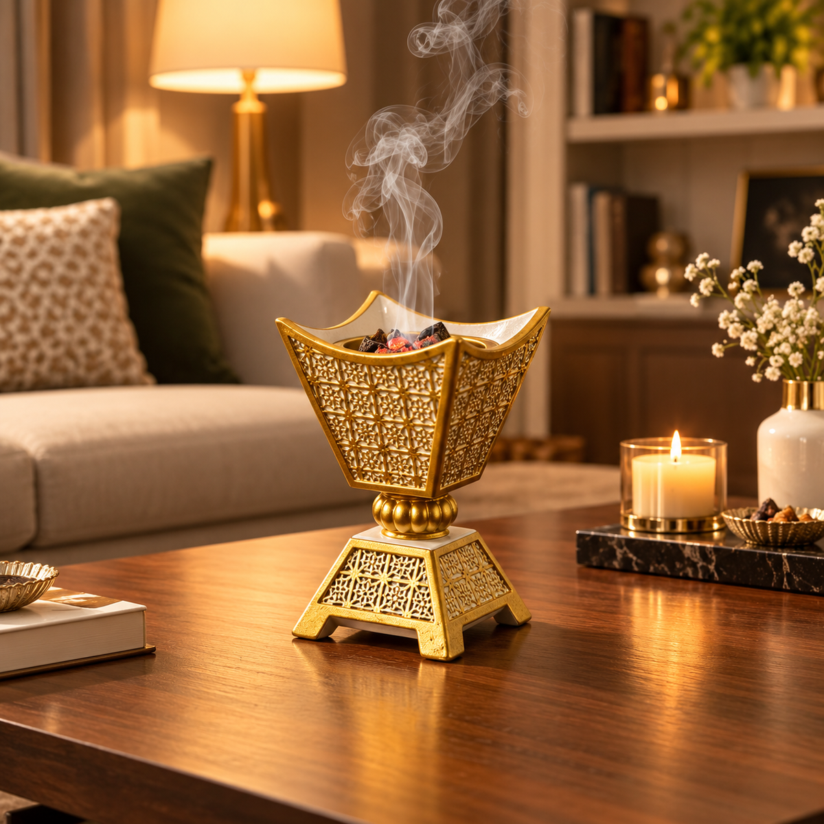 Gold Decorative Incense Burner with Cutwork Design